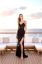 Robe longue ajustée à corset brodé et fente élégante - Noir