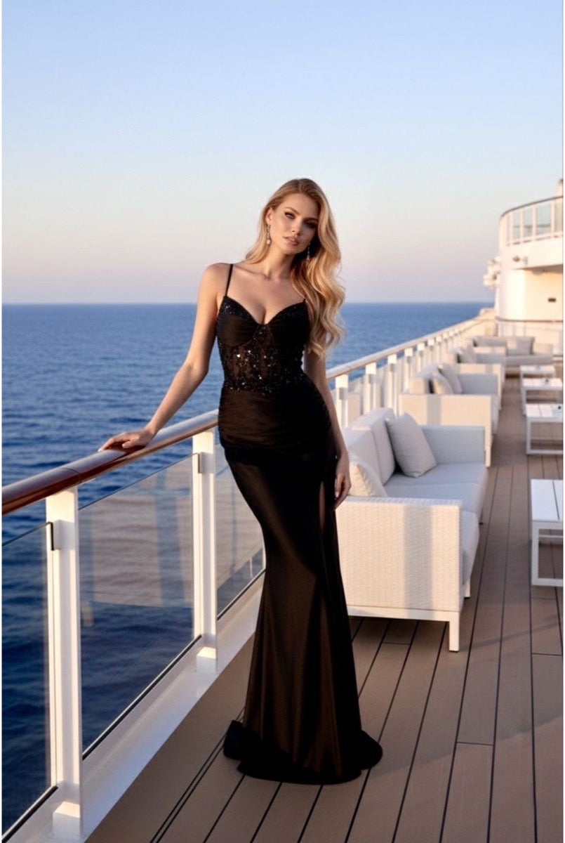 Robe longue ajustée à corset brodé et fente élégante - Noir