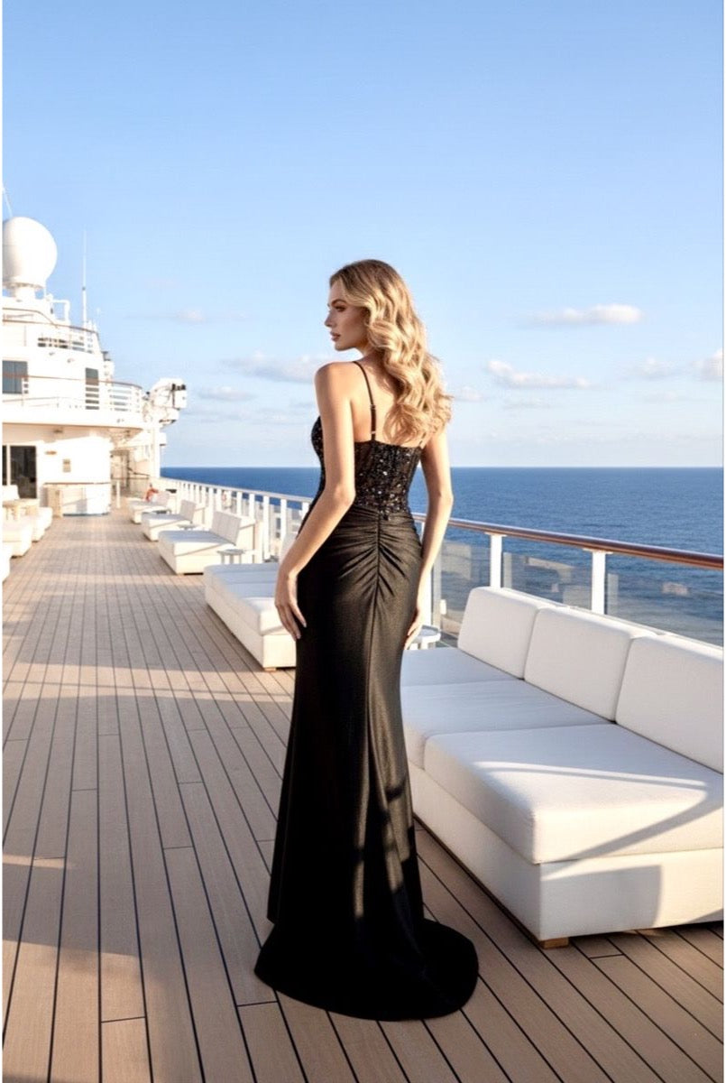 Robe longue ajustée à corset brodé et fente élégante - Noir