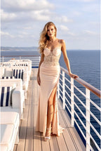 Robe longue ajustée à corset brodé et fente élégante - Or