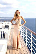 Robe longue ajustée à corset brodé et fente élégante - Or
