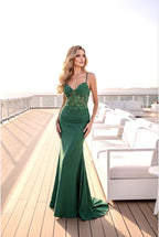 Robe longue ajustée à corset brodé et fente élégante - Vert