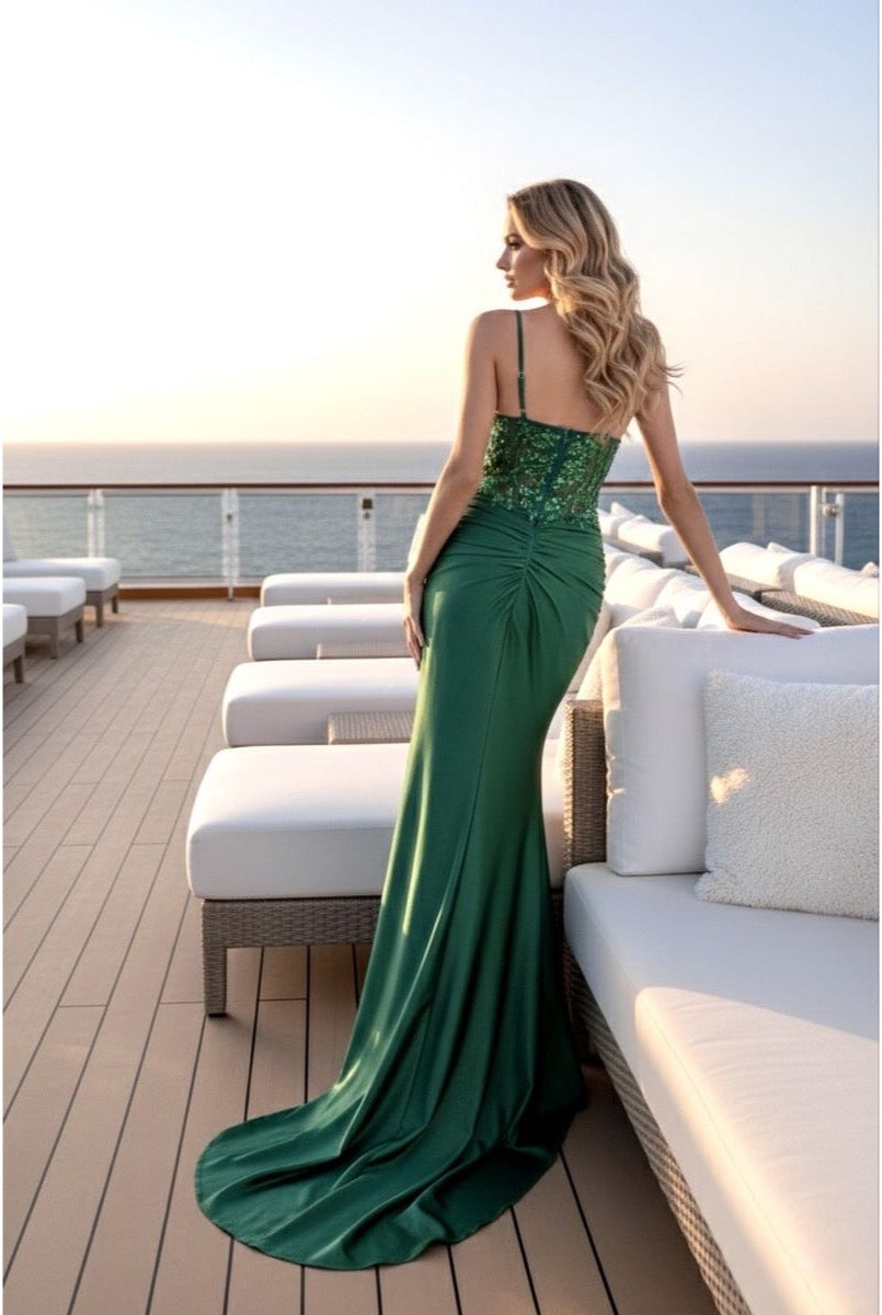 Robe longue ajustée à corset brodé et fente élégante - Vert
