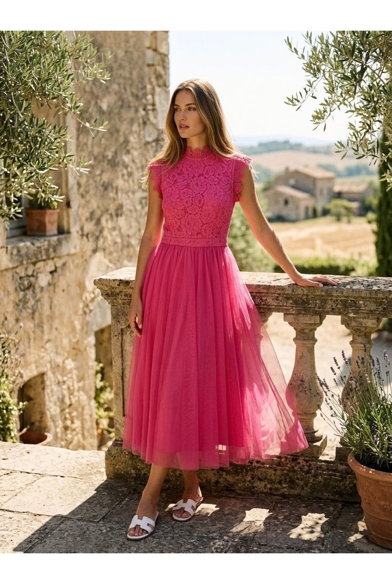 Robe Midi Beige Tulle Élégante - Fuchsia