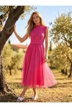 Robe Midi Beige Tulle Élégante - Fuchsia