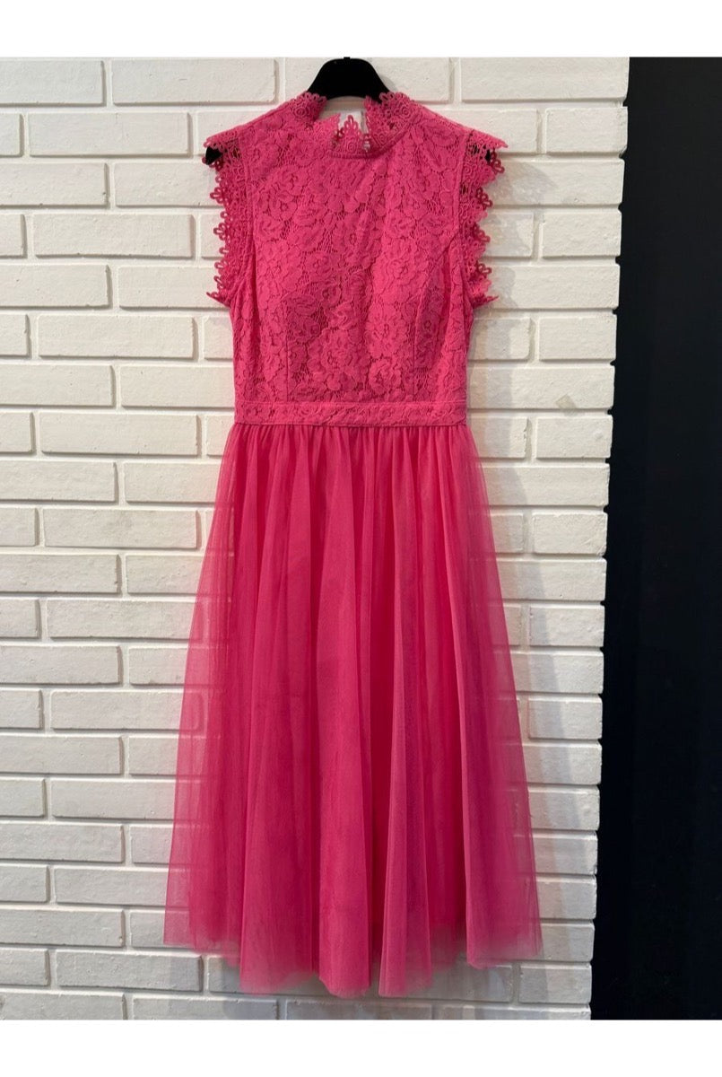 Robe Midi Beige Tulle Élégante - Fuchsia