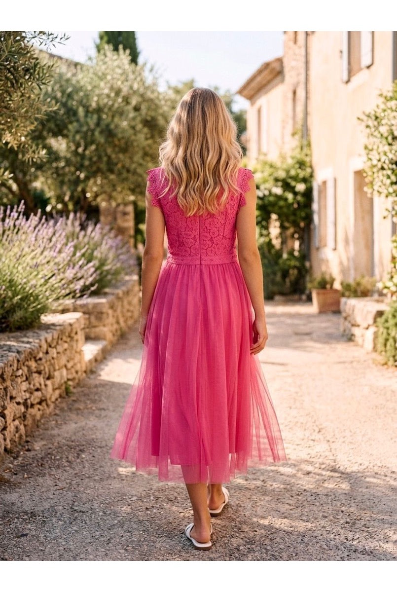Robe Midi Beige Tulle Élégante - Fuchsia