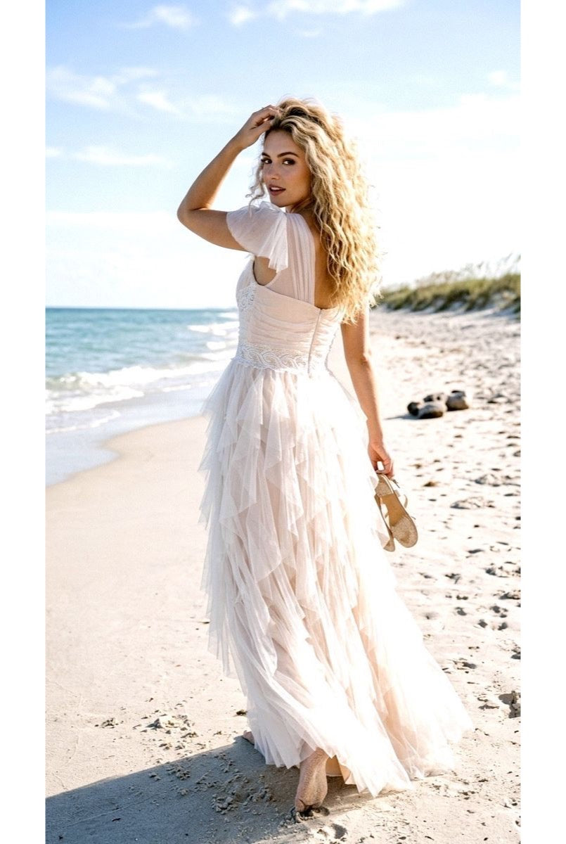 Robe Longue Bohème Chic Tulle Fluide - Blanc