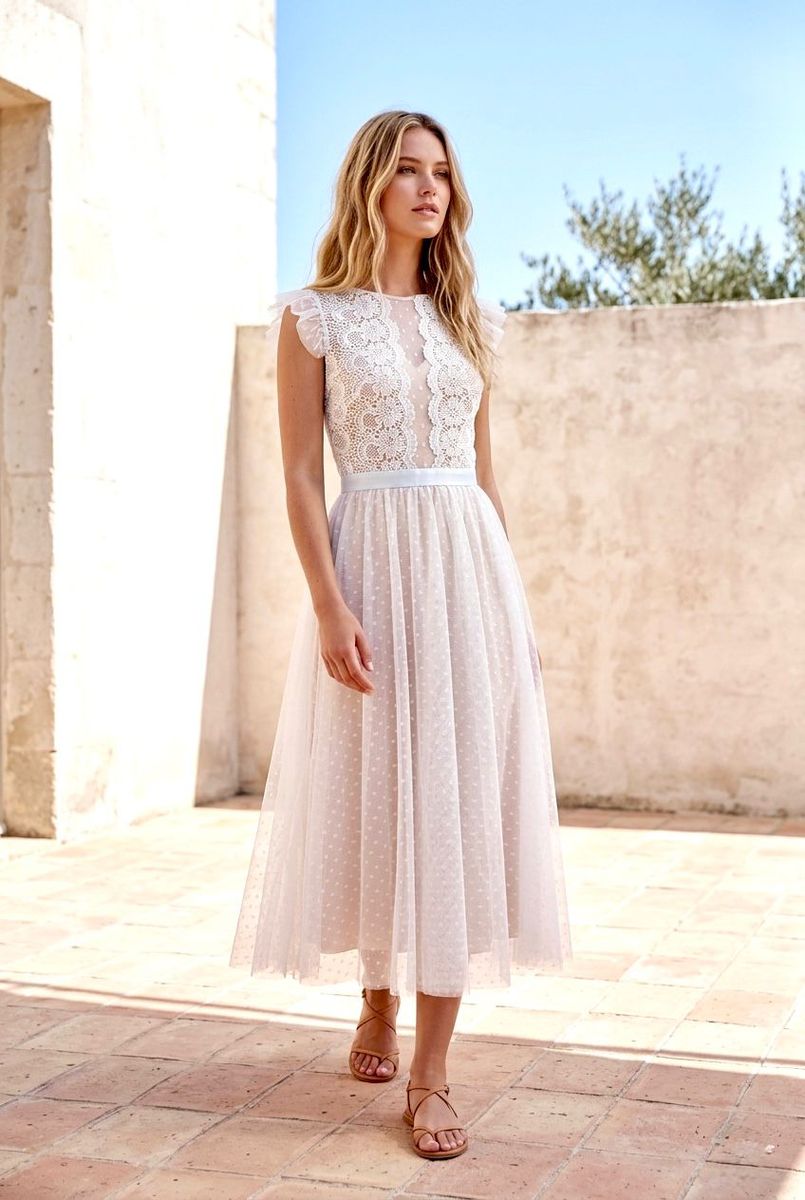 Robe Midi Élégante En Tulle - Blanc