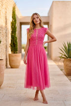 Robe Midi Élégante En Tulle - Fuchsia