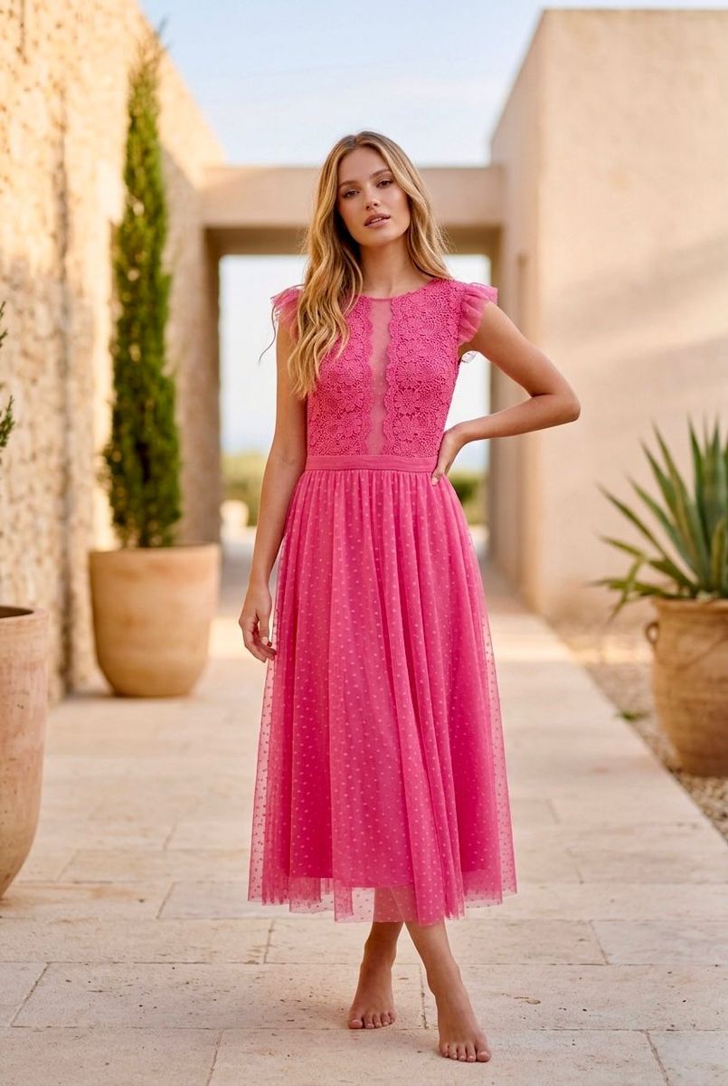Robe Midi Élégante En Tulle - Fuchsia