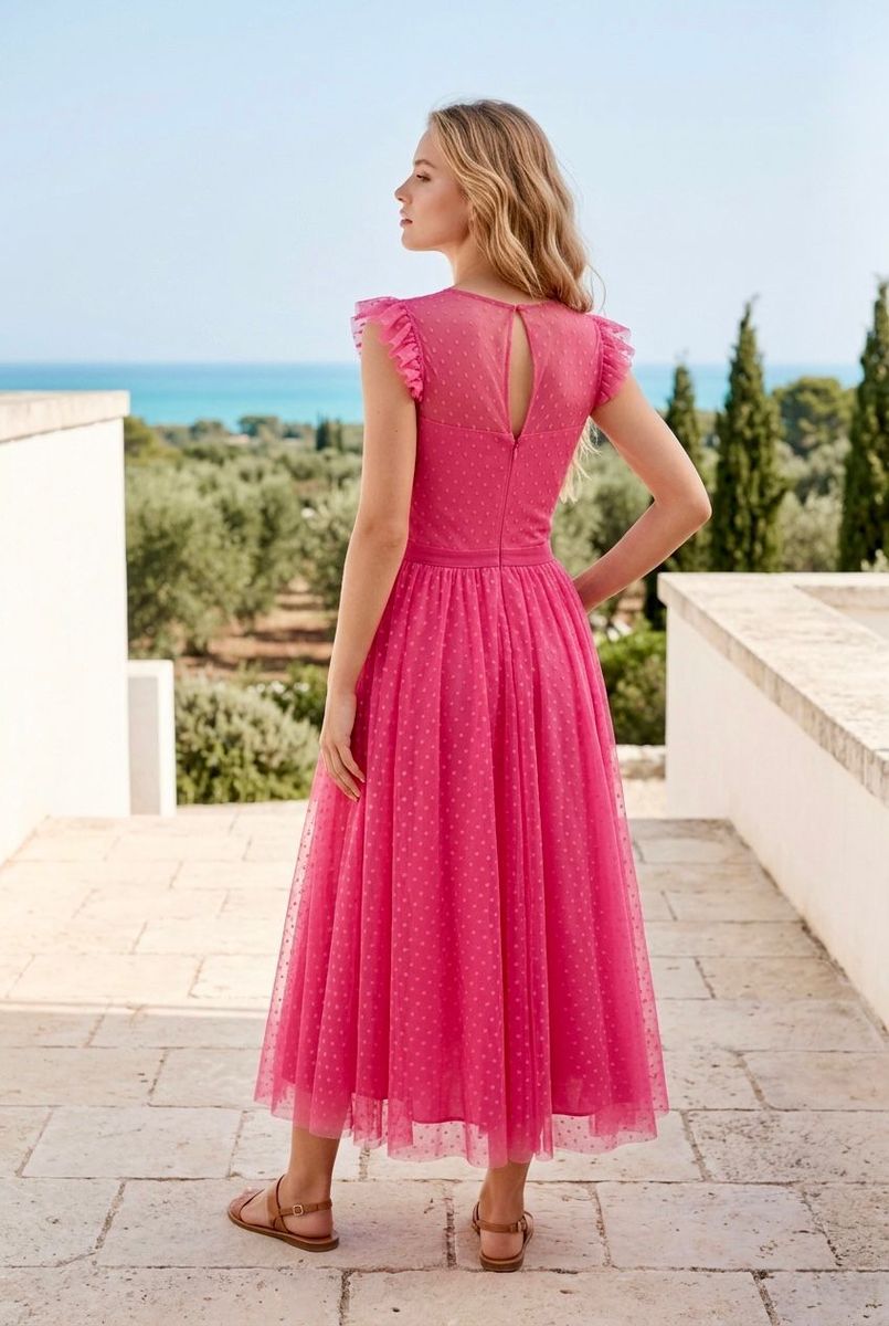 Robe Midi Élégante En Tulle - Fuchsia