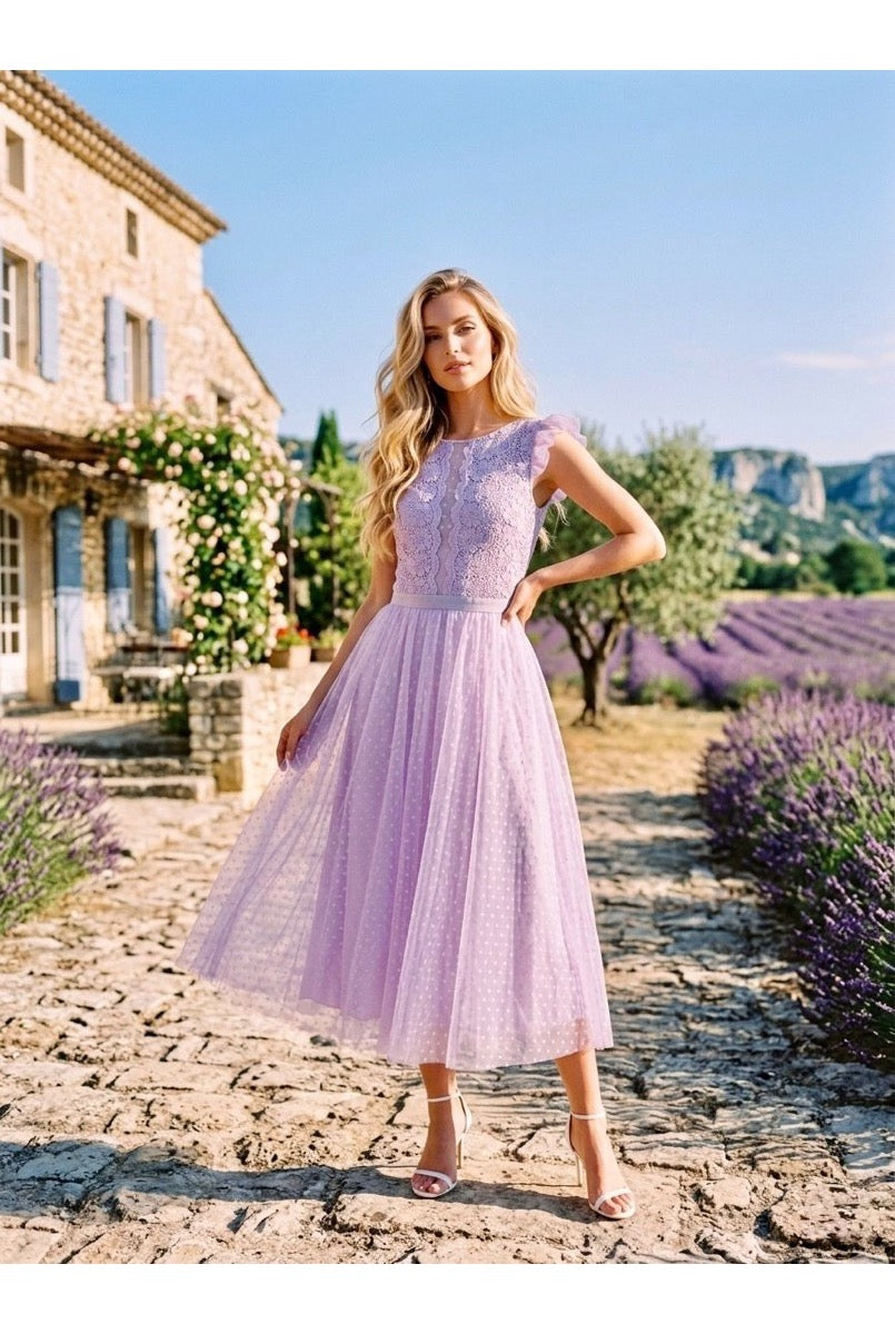 Robe Midi Élégante En Tulle - Lilas