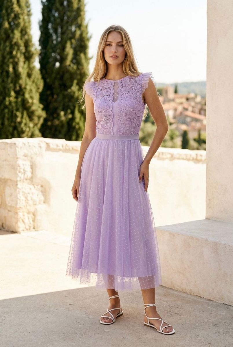 Robe Midi Élégante En Tulle - Lilas