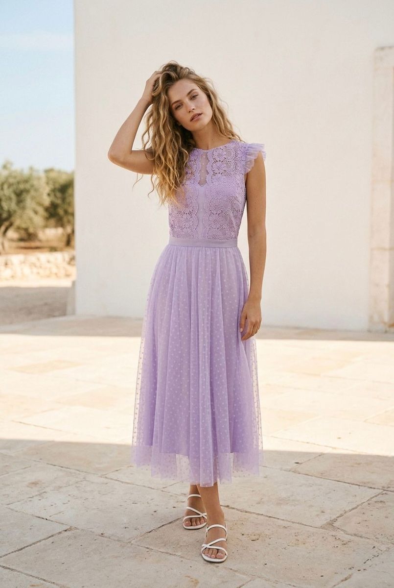 Robe Midi Élégante En Tulle - Lilas