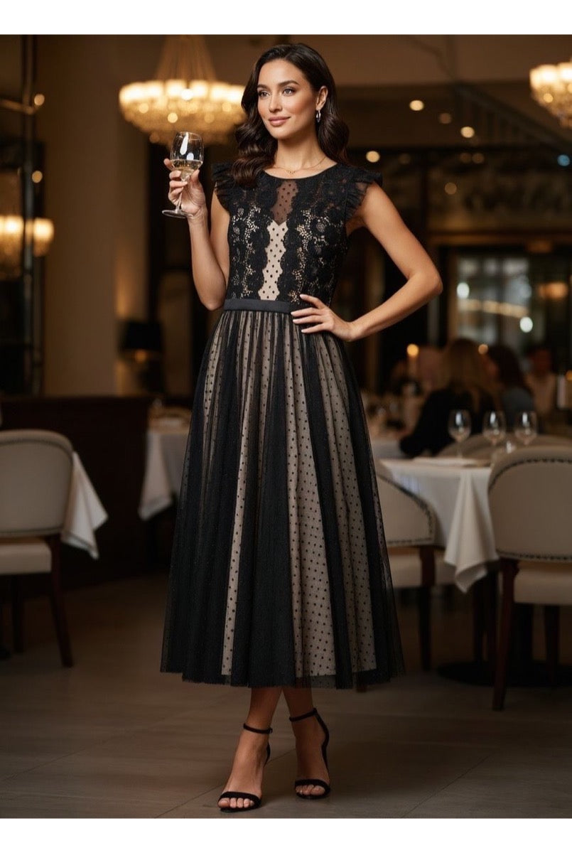 Robe Midi Élégante En Tulle - Noir