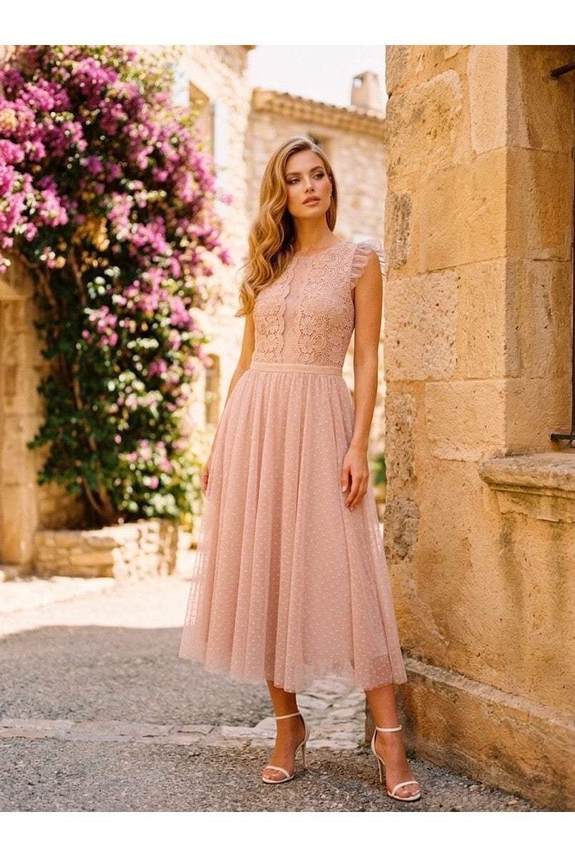 Robe Midi Élégante En Tulle - Nude