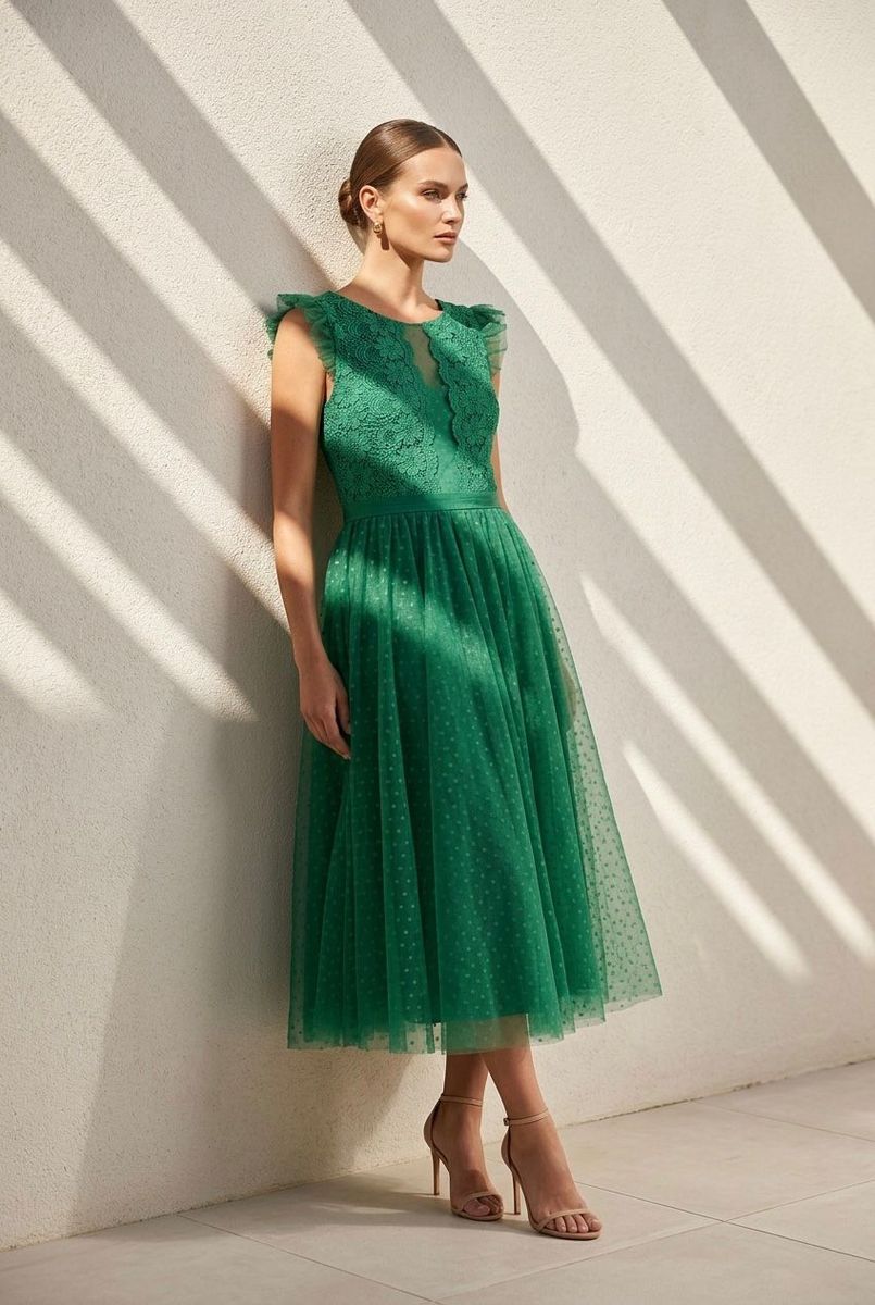 Robe Midi Élégante En Tulle - Vert