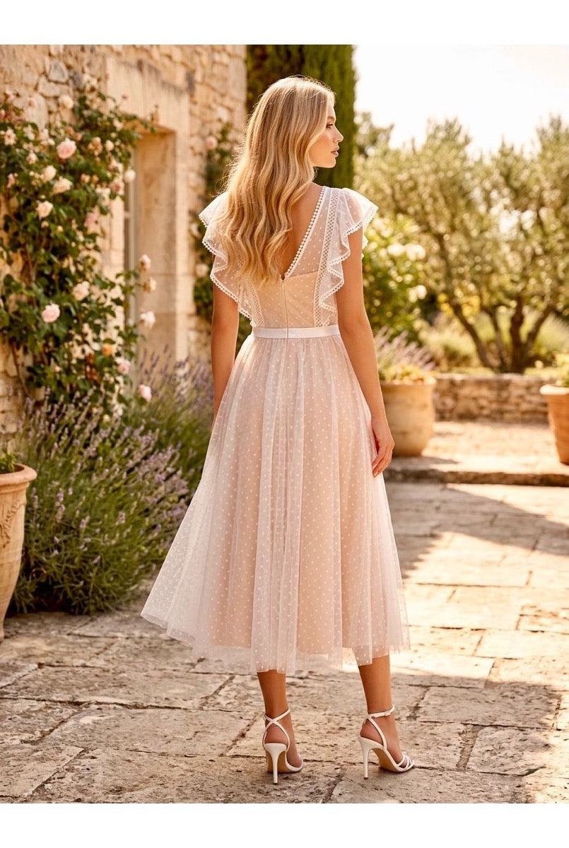 Robe Midi Plumetis Manches Volantées - Blanc