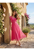 Robe Midi Plumetis Manches Volantées - Fuchsia
