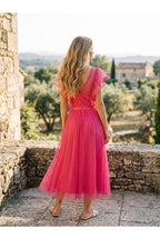 Robe Midi Plumetis Manches Volantées - Fuchsia