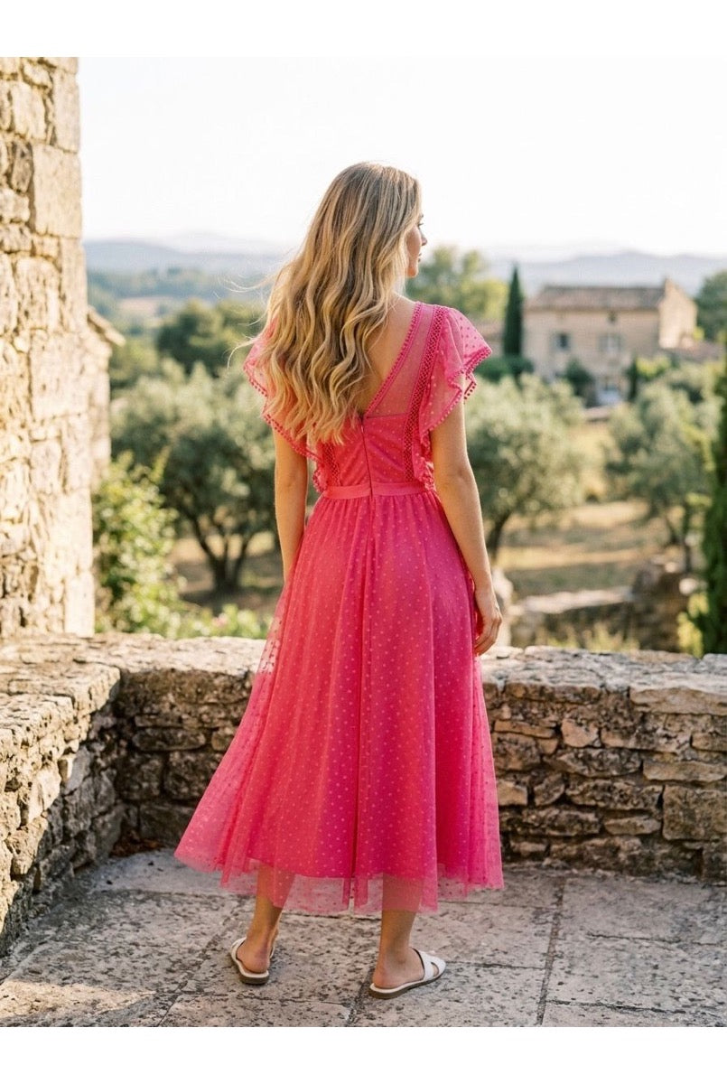 Robe Midi Plumetis Manches Volantées - Fuchsia