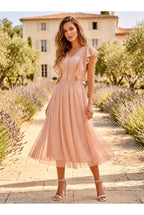Robe Midi Plumetis Manches Volantées - Nude
