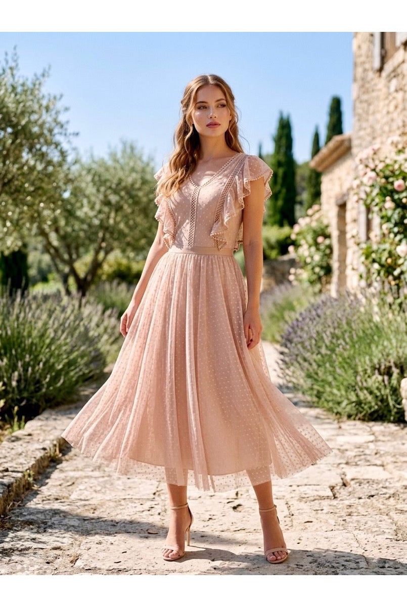 Robe Midi Plumetis Manches Volantées - Nude