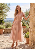 Robe Midi Plumetis Manches Volantées - Nude