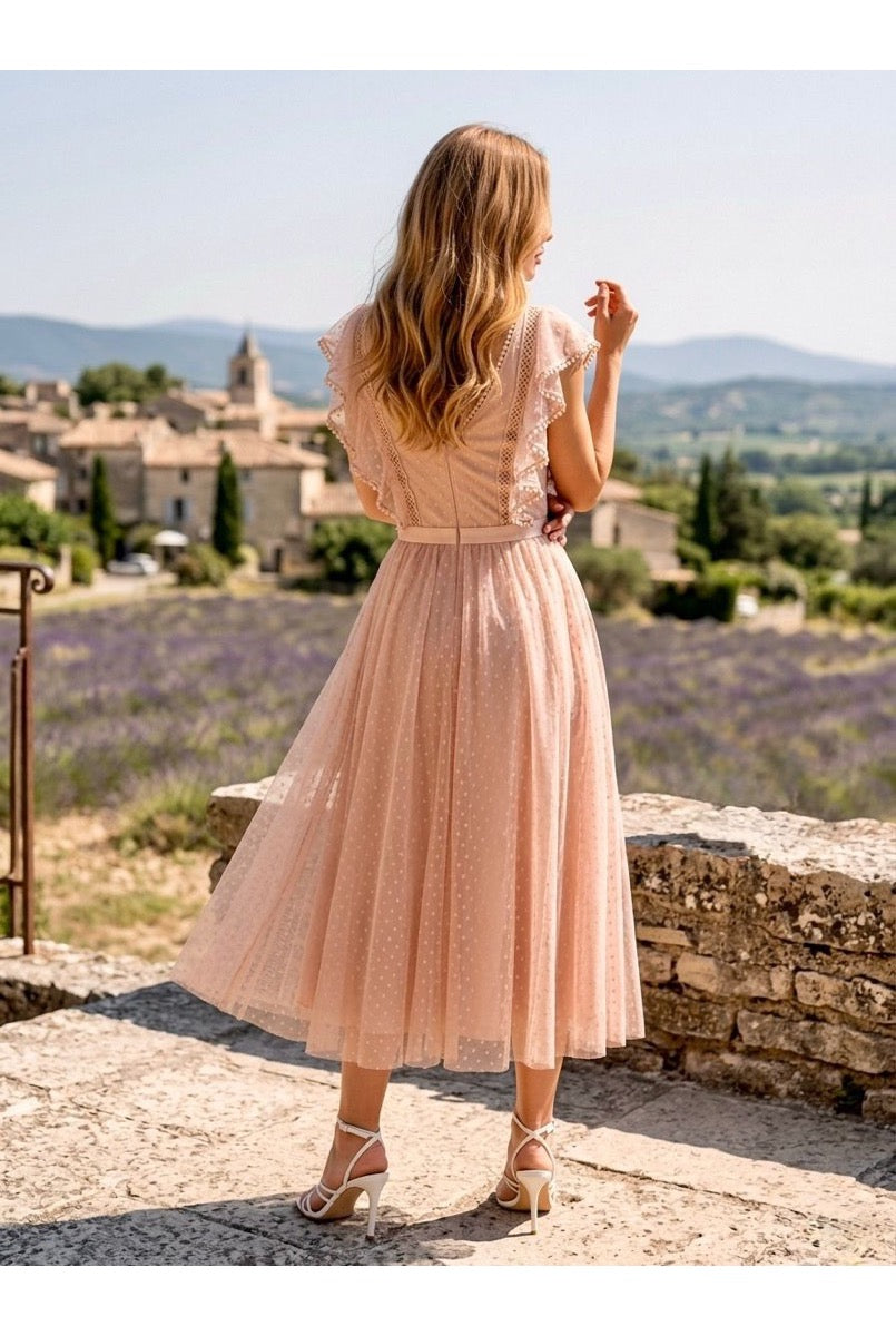 Robe Midi Plumetis Manches Volantées - Nude
