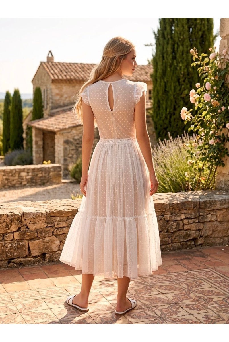 Robe Midi Romantique En Dentelle - Blanc
