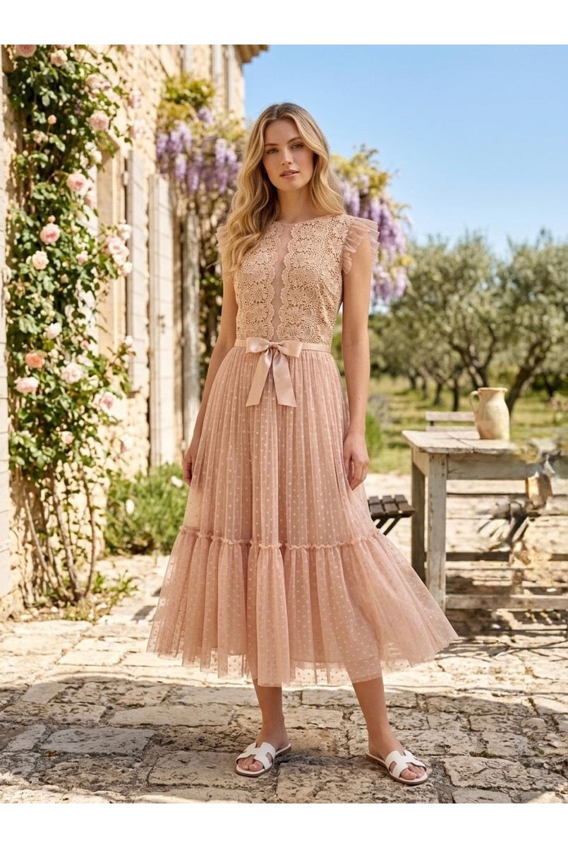 Robe Midi Romantique En Dentelle - Nude