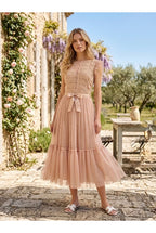 Robe Midi Romantique En Dentelle - Nude