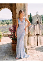 Robe Longue Sirène Bohème Chic Brodée – Élégance Couture - Bleu