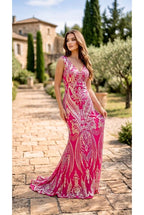 Robe Longue Sirène Bohème Chic Brodée – Élégance Couture - Fuchsia