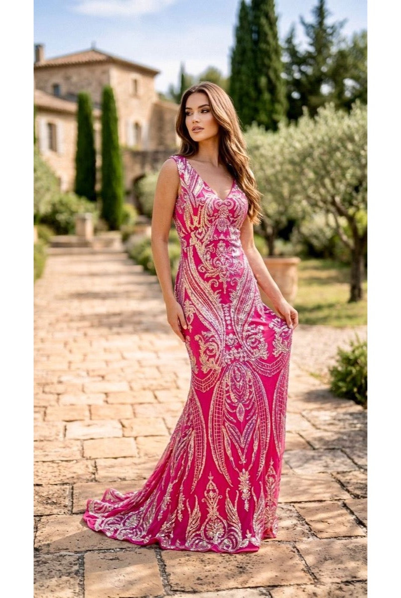 Robe Longue Sirène Bohème Chic Brodée – Élégance Couture - Fuchsia