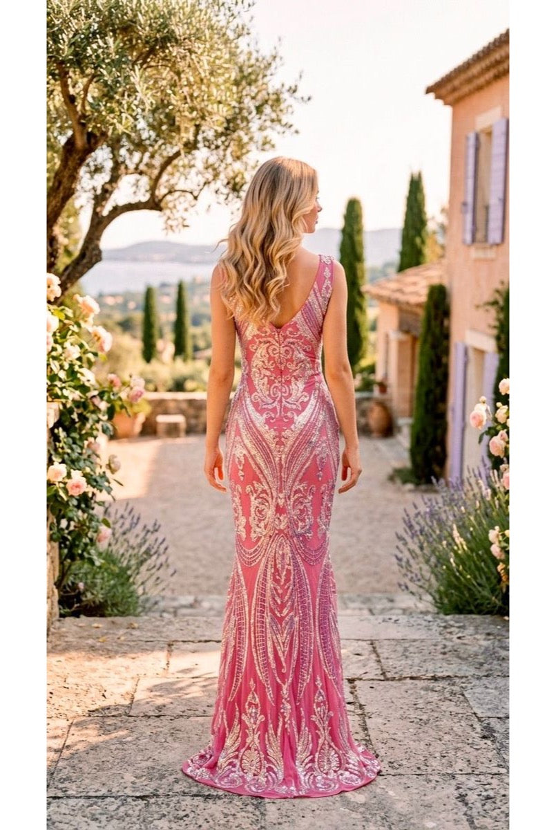 Robe Longue Sirène Bohème Chic Brodée – Élégance Couture - Fuchsia