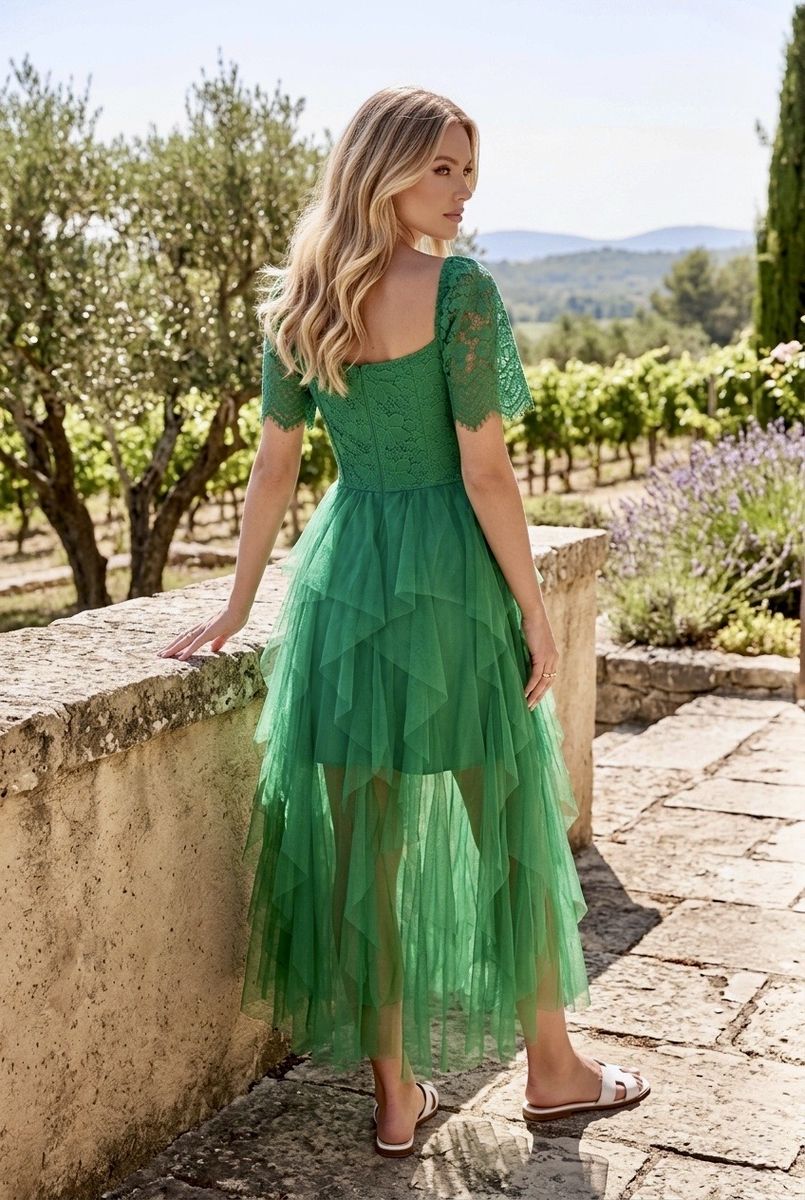 Robe Longue Romantique En Tulle - Vert