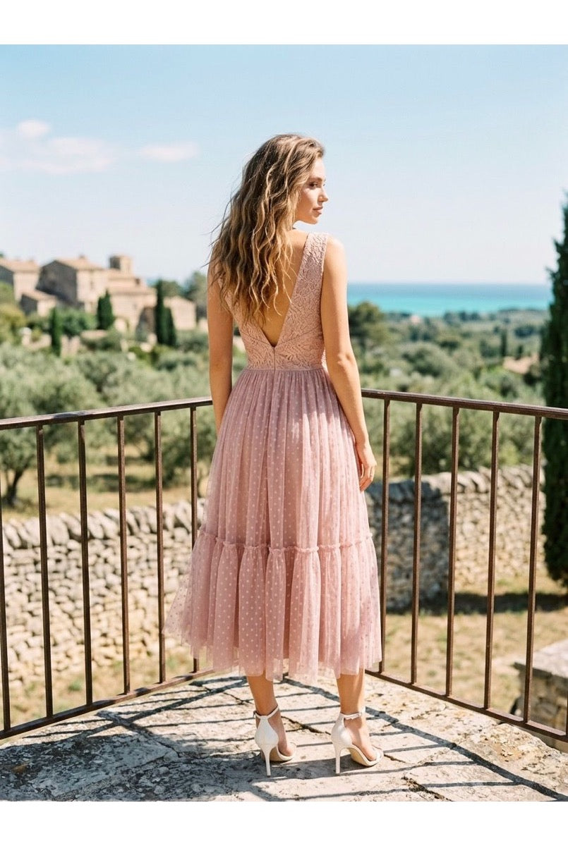 Robe “Lumière d’Été” en Dentelle & Tulle Plumetis - Nude