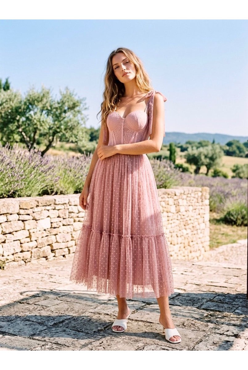 Robe Midi Bustier En Tulle - Rose