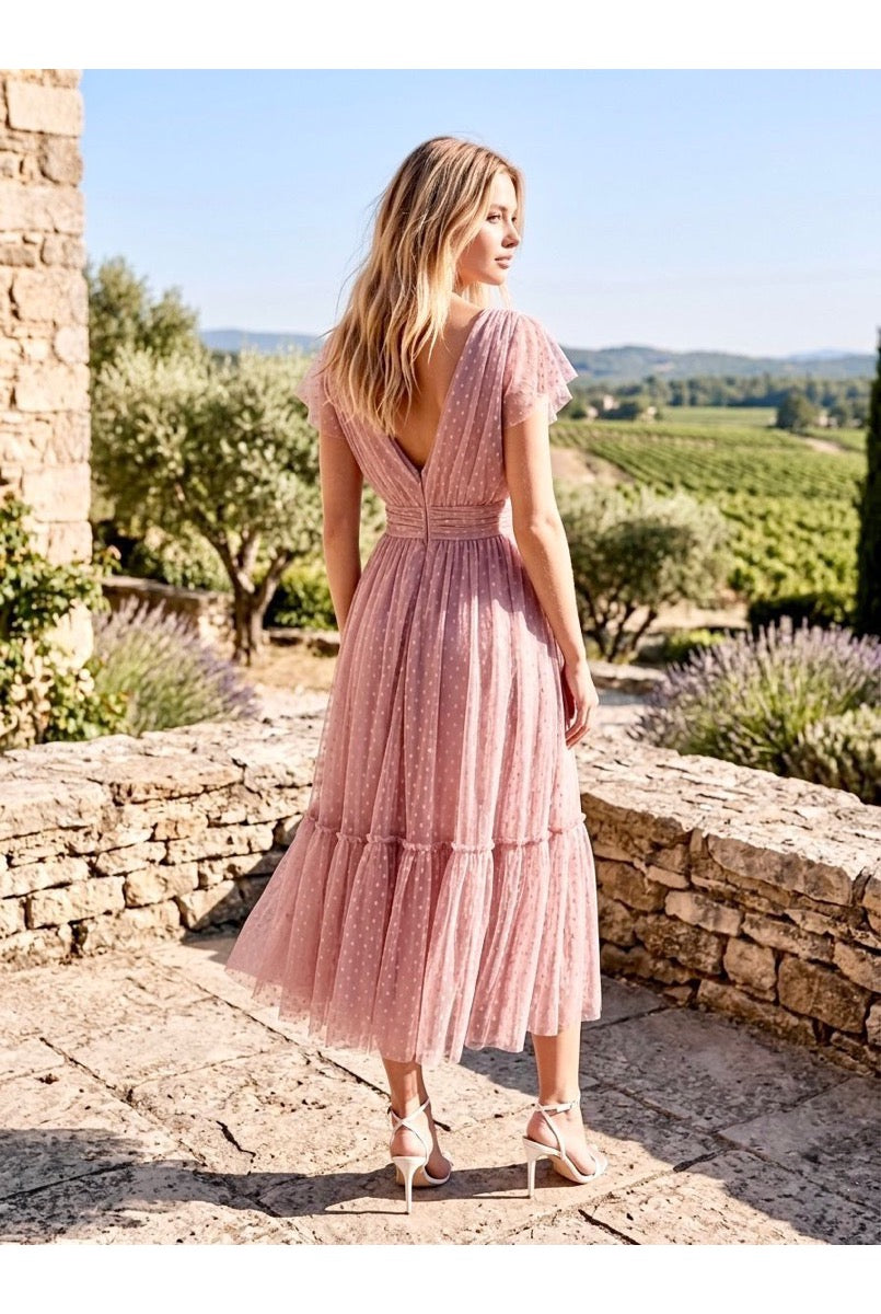 Robe Midi Tulle Élégante Femme - Rose