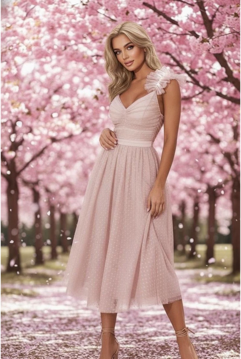 Robe “Jardin Enchanté” en Tulle Plumetis & Épaule Fleurie - Nude