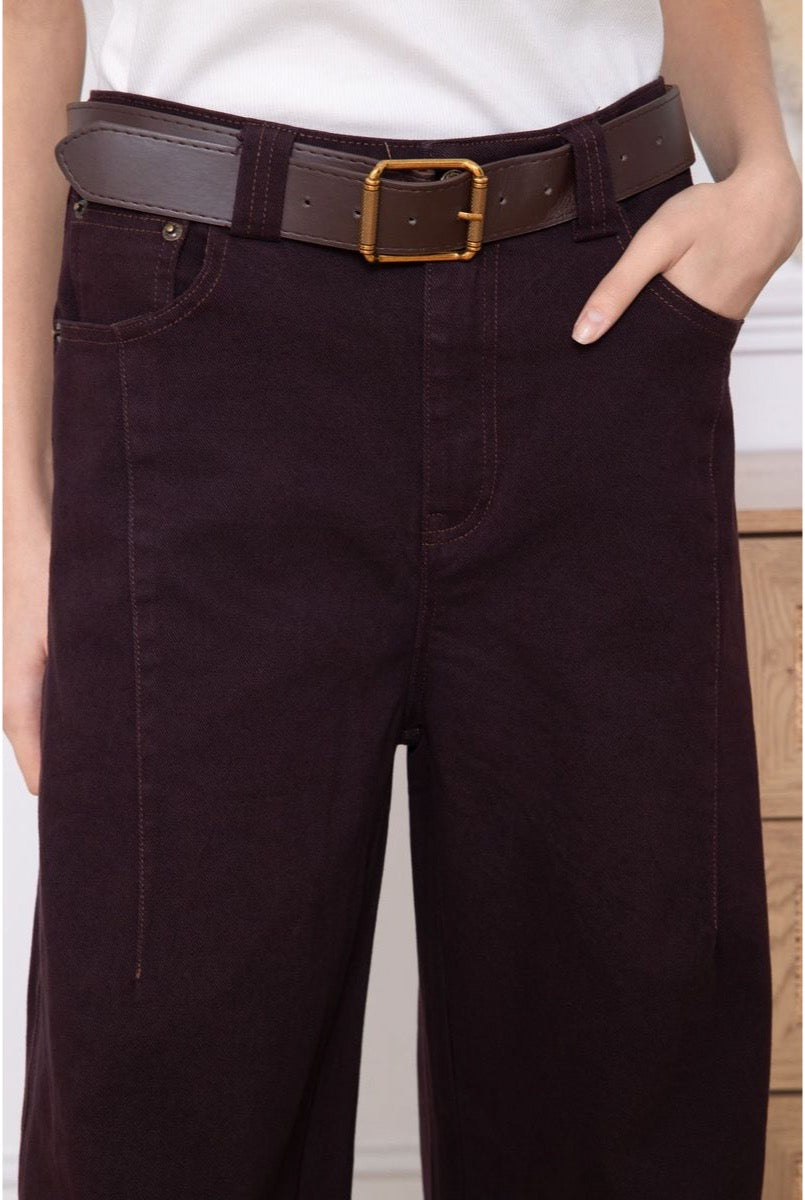 Pantalon Jean Baggy Ballon Avec Ceinture - Brun foncé