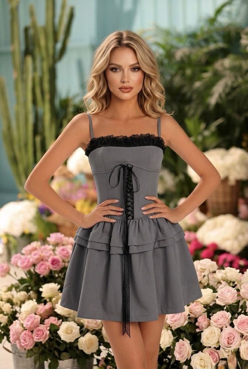 Robe Corset Romantique Volants Dentelle - Gris