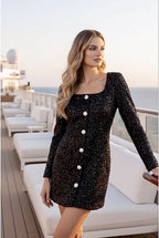 Robe courte scintillante à boutons bijou - Noir