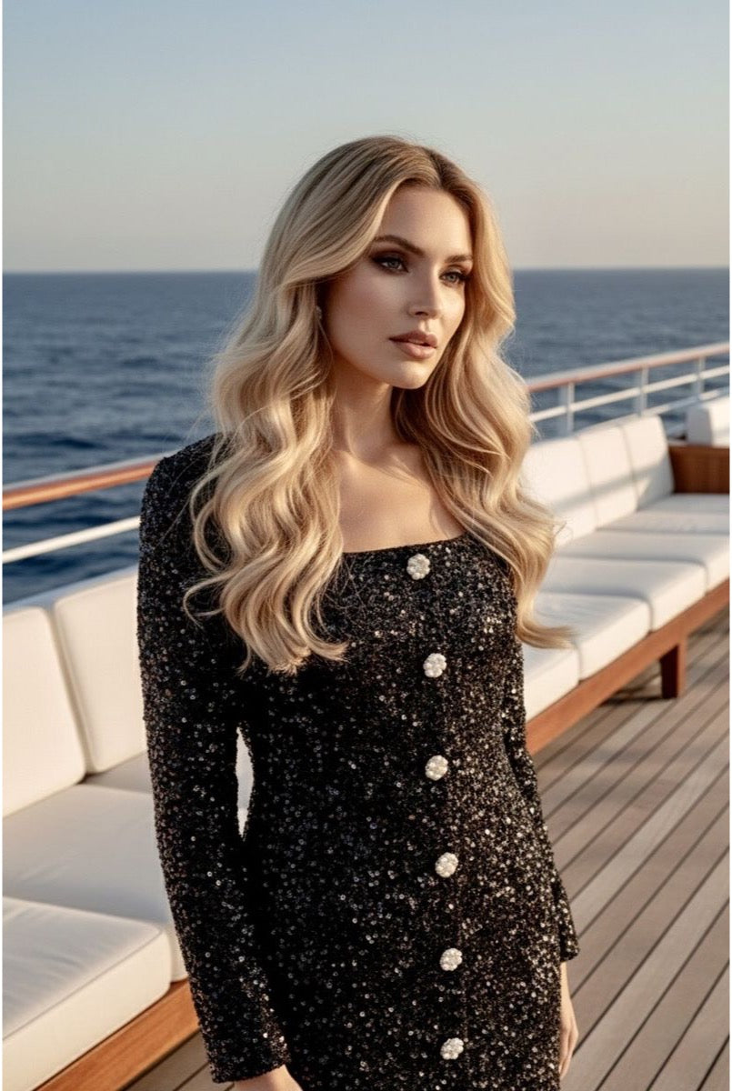 Robe courte scintillante à boutons bijou - Noir