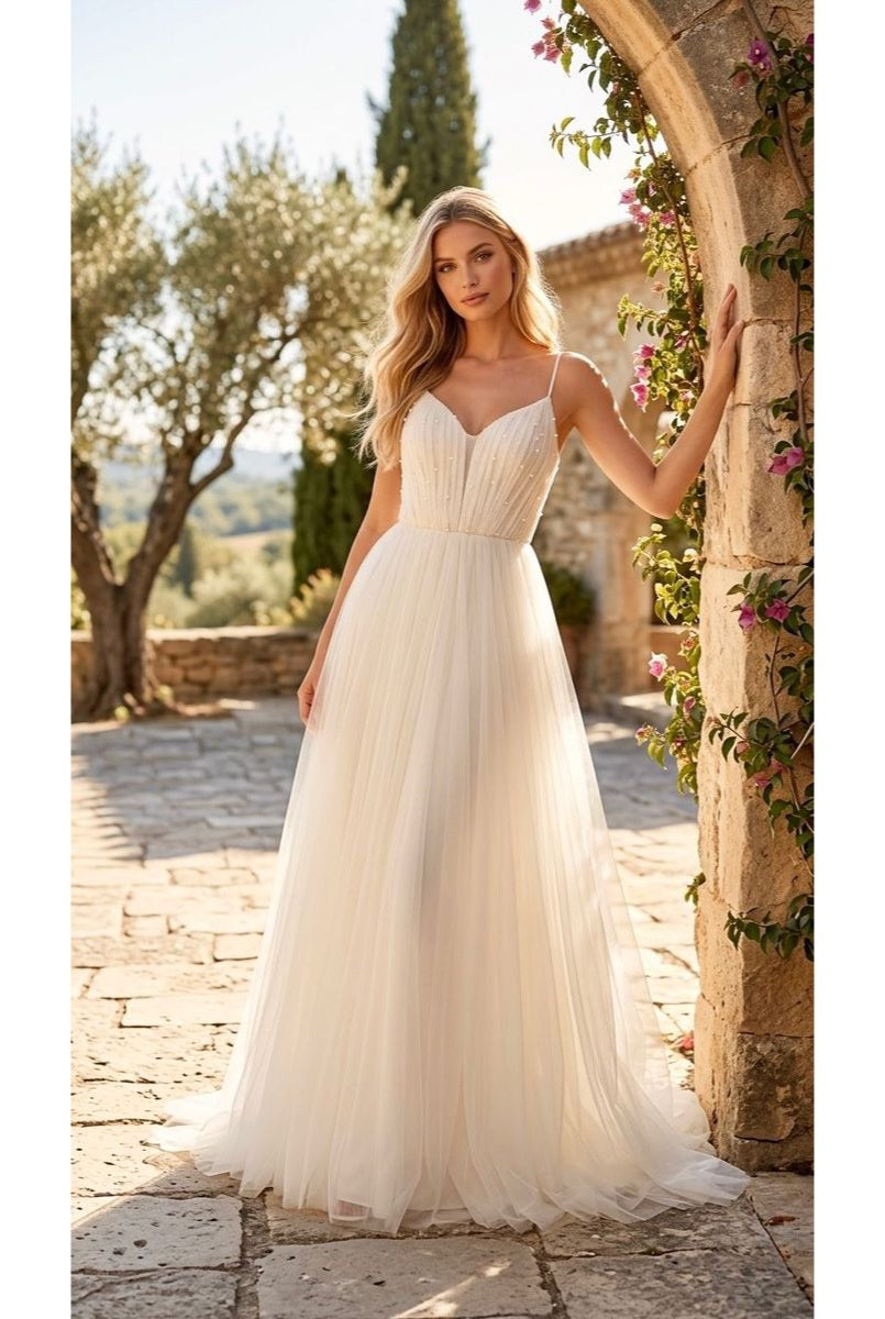 Robe Longue Tulle Glamour Perlée - Blanc