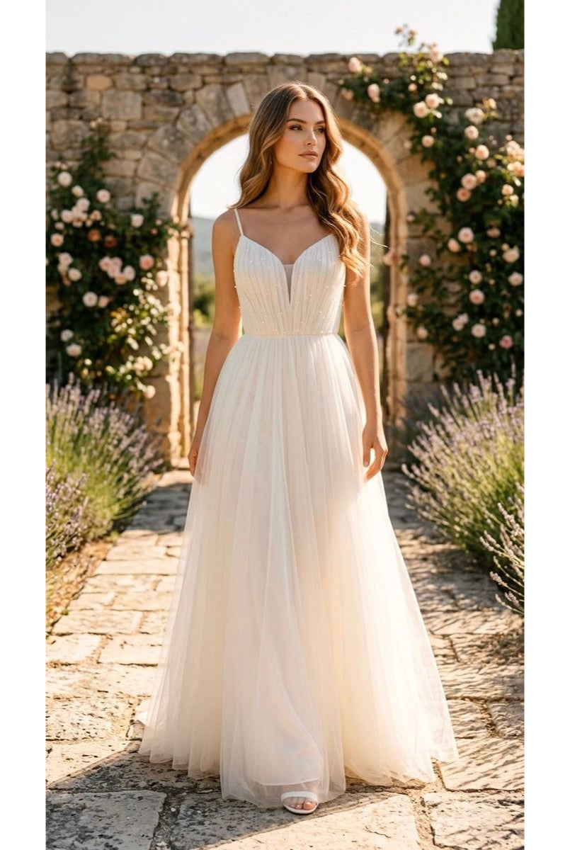 Robe Longue Tulle Glamour Perlée - Blanc