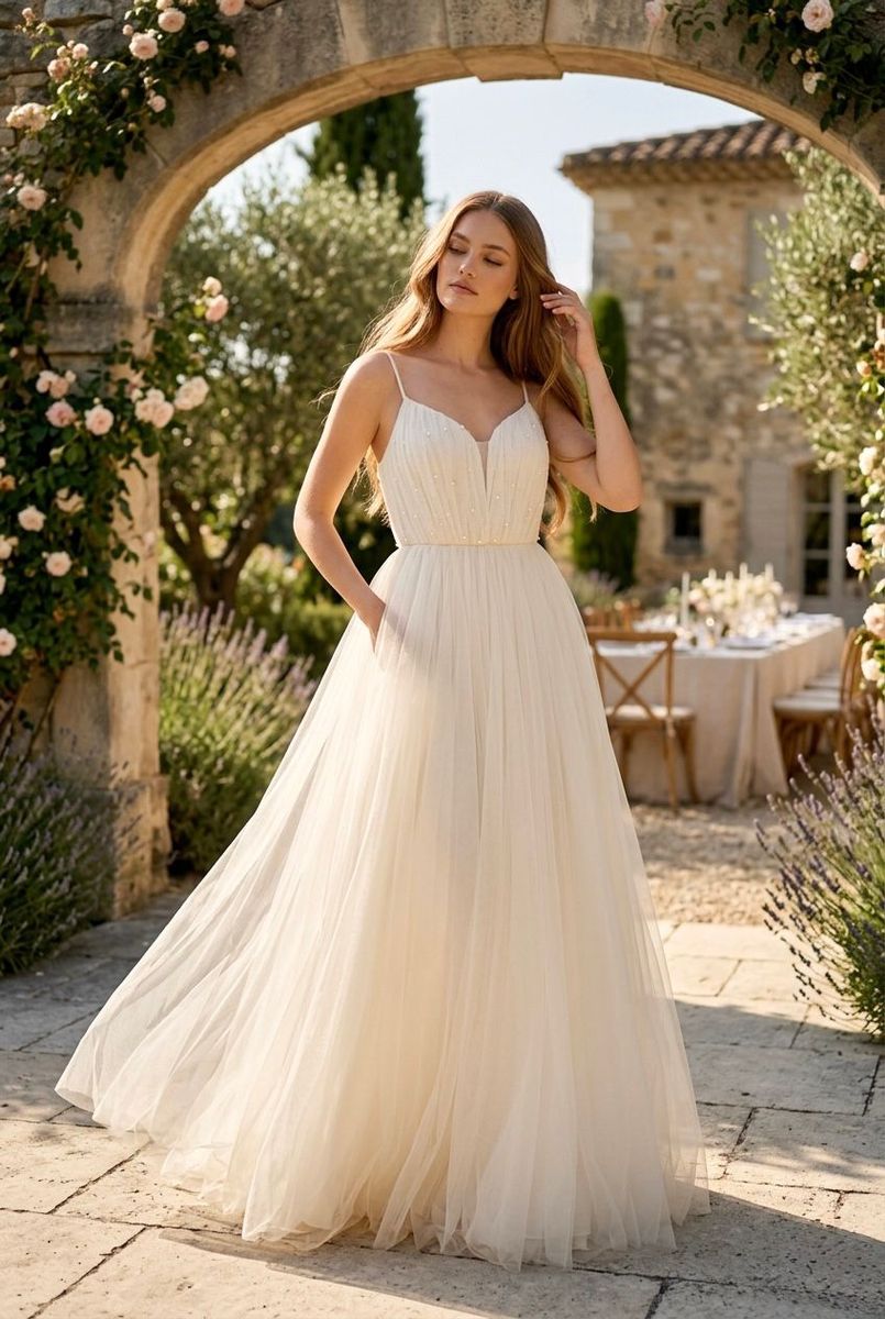 Robe Longue Tulle Glamour Perlée - Blanc