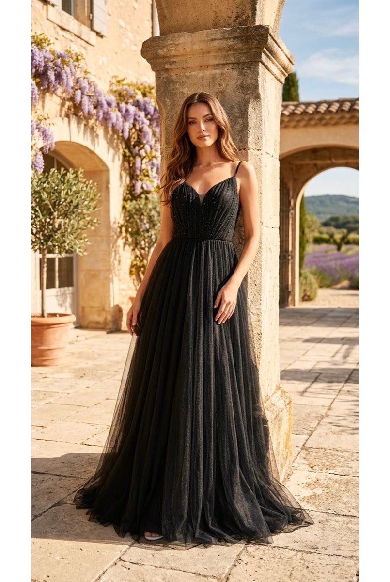 Robe Longue Tulle Glamour Perlée - Noir